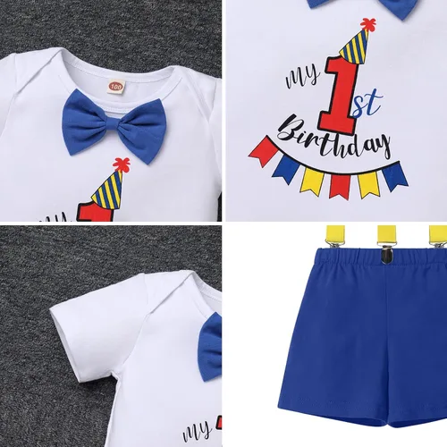 Miniatura 6 de Conjunto de traje de banderín para el primer cumpleaños de bebé niño, pajarita, pantalones cortos, tirantes en la espalda en Y, sesiones de fotos