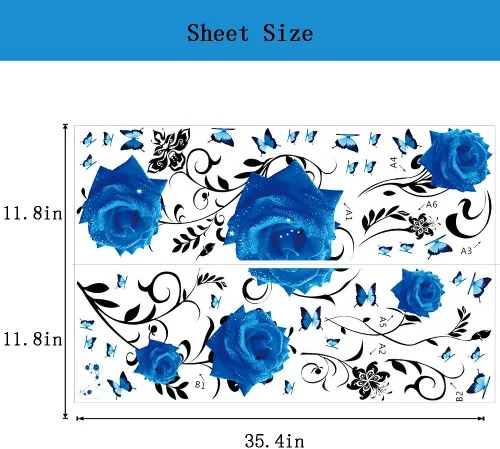 Miniatura 7 de Supzone Calcomanías de pared de rosas azules, diseño de flores y vides, decoración de pared floral de peonía azul, arte mural de vinilo