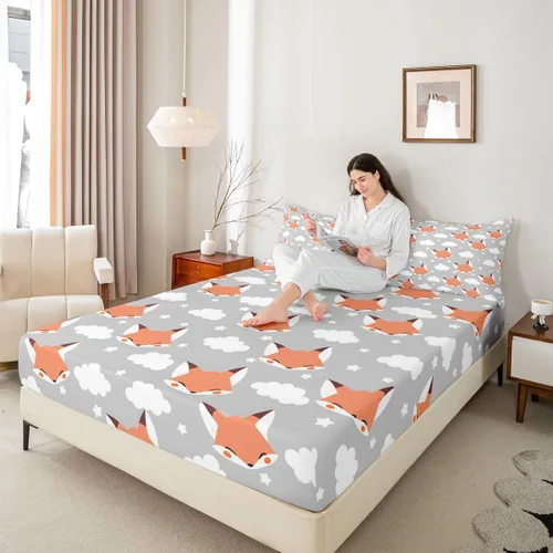 Erosebridal Juego de ropa de cama de zorro para niños, sábana bajera ajustable de zorro de dibujos animados para niños y niñas, decoración de