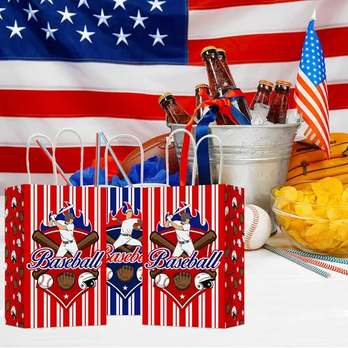 Miniatura 5 de Paquete de 12 bolsas de regalo para fiesta de béisbol, para regalos de béisbol, bolsas con mango, para fiestas con temática de béisbol, cumpleaños