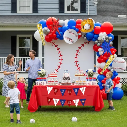 Miniatura 2 de Kit de arco de guirnalda de globos de béisbol de 150 piezas, globos de papel de aluminio rojos, azules, blancos, plateados y con estrella de bate