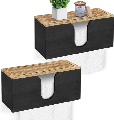 Paquete de 2 dispensadores de toallas de papel de madera maciza montados en la pared, soporte de toalla de papel plegado con tapa, plegable en C