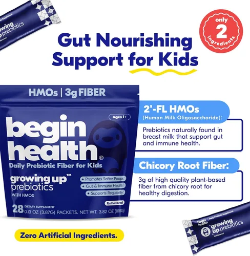 Miniatura 4 de Begin Health Growing Up® Prebióticos para niños 28 paquetes Suavizantes de heces en polvo soluble en prebióticos y suplemento digestivo