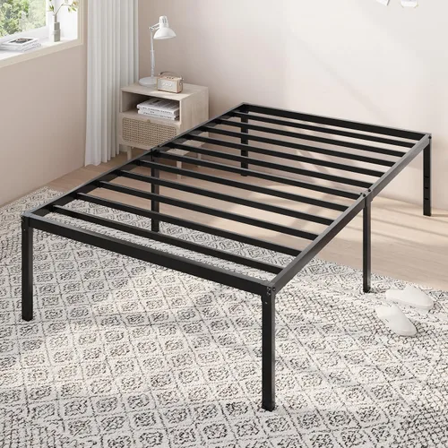 Allewie Base de cama individual, camas de plataforma de metal de 18 pulgadas con espacio de almacenamiento, no necesita somier y fácil montaje, Negro
