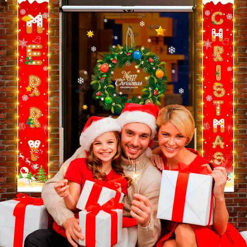 Miniatura 8 de Cartel de decoración de Navidad colgante al aire libre - Cartel rojo colgante con patrón de galletas y tira de luces para decoración de fiesta