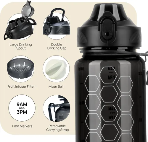 Miniatura 3 de INEVIFIT Botella de agua deportiva 3 en 1 de 34 onzas, 1 litro, con marcador de tiempo diario, sin BPA, Tritan a prueba de fugas, con filtro infusor