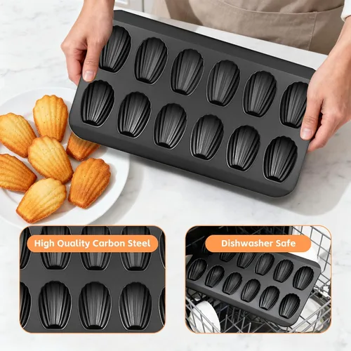 Miniatura 5 de Madeleines 12 Cavity Madeleine Baking Mould Carbon Steel with Non-Stick Coating for Oven Baking Chocolate Brownies Biscuits, Black