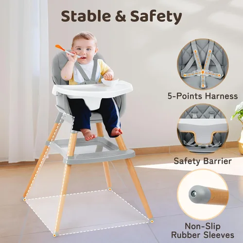 Miniatura 5 de Ezebaby Sillas altas 6 en 1 para bebés y niños pequeños, silla alta convertible para bebé y silla de bebé, silla alta de madera con almacenamiento