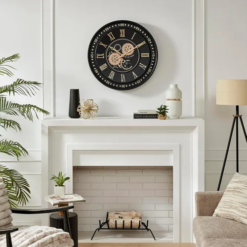 Miniatura 6 de CLXEAST Reloj de pared de 24 pulgadas con engranajes en movimiento, relojes de pared dorados negros con números romanos para decoración moderna
