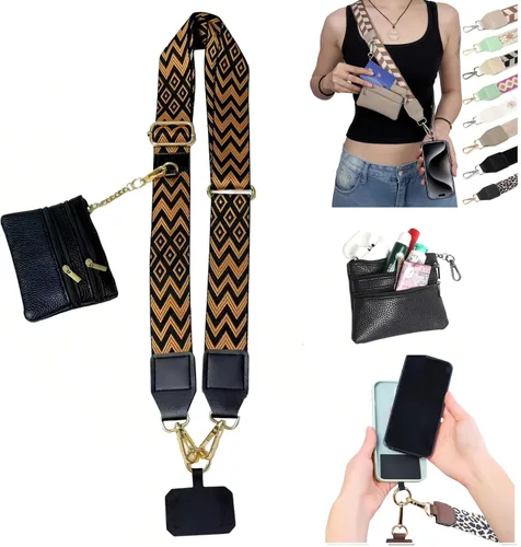 Miniatura 26 de Soporte cruzado para teléfono para mujer, nueva correa de teléfono con bolsa con cremallera, correa cruzada ajustable Negro