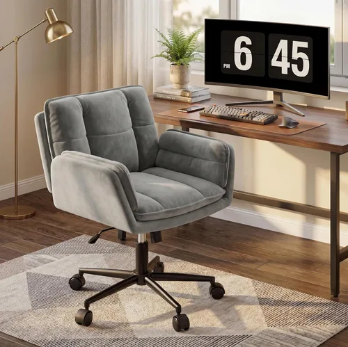 Miniatura 10 de Silla cruzada con ruedas, silla de oficina ergonómica con reposabrazos ajustables, silla de tocador con respaldo para dormitorio, sala de maquillaje