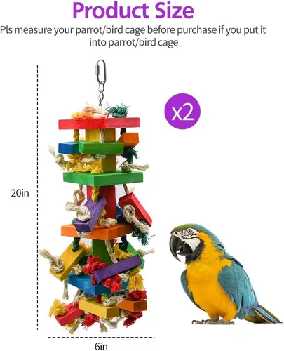 Miniatura 4 de RUBY.Q Paquete de 2 juguetes grandes de loro, juguete de loro de pájaro de 20 pulgadas, juguetes multicolor de madera natural para masticar pájaros
