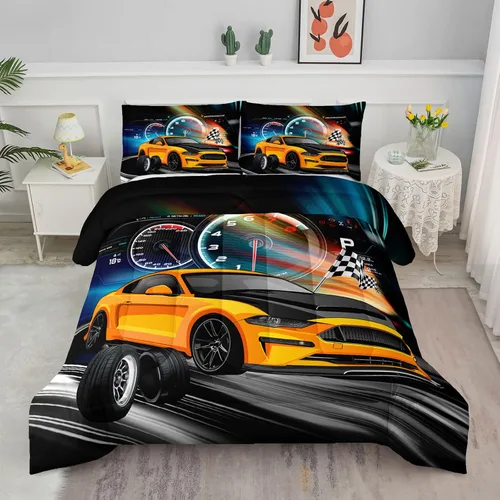 Miniatura 11 de Juego de edredón para niños Axolotl, tamaño individual, juego de ropa de cama con diseño de autos de carreras para niños, niñas, adolescentes