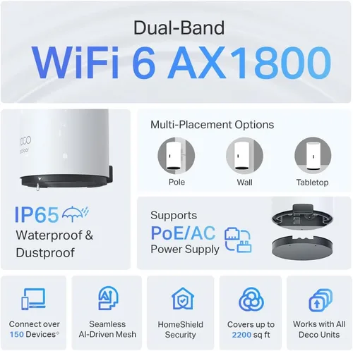 Miniatura 2 de TP-Link Deco X20-OUTDOOR AX1800 Extensor de Malla WiFi de Doble Banda Wi-Fi 6 para Exteriores Hasta 2,200 pies cuadrados 2 Puertos Gigabit PoE+