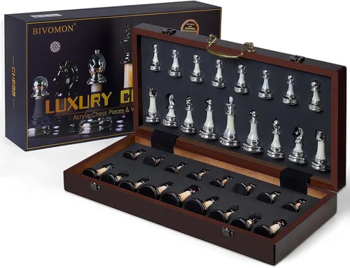 Miniatura 9 de Juego de ajedrez de lujo de 16.5 pulgadas, tablero de ajedrez plegable grande de madera con asa, piezas de ajedrez acrílicas con peso - Rey de 3.5