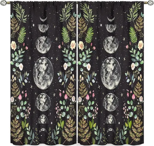Miniatura 12 de Cortinas florales de luna, flores negras, fase de flores silvestres, luz de luna, jardín, estética, bohemio, primavera, vides, naturaleza, juego