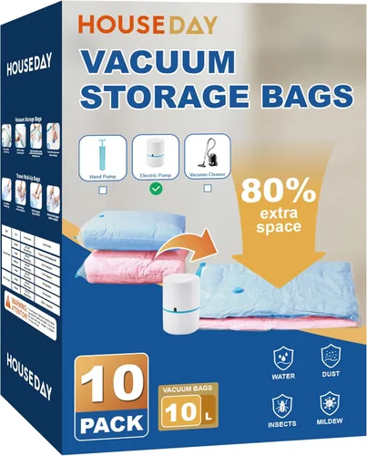 Miniatura 21 de HOUSE DAY Paquete de 22 bolsas de almacenamiento al vacío con bomba, bolsas de sellado al vacío para ahorrar espacio para ropa y viajes, 4 jumbo/4