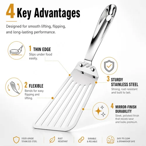 Miniatura 4 de KSENDALO Espátula de metal para peces, volteador de huevos de acero inoxidable, muy fina pero resistente, flexible para voltear peces delicados