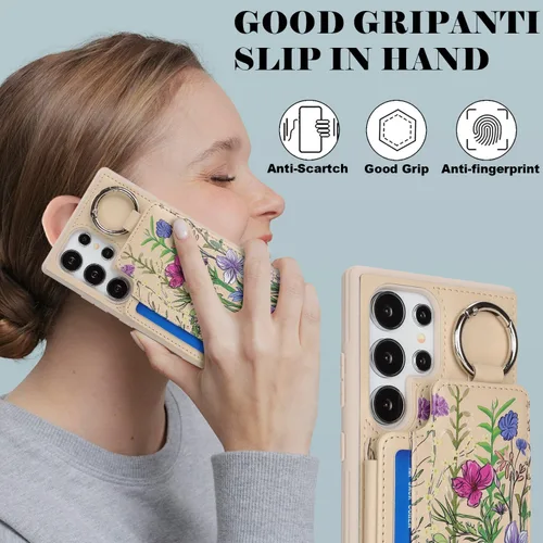 Miniatura 6 de Havaya Funda para Samsung Galaxy S22 Ultra con tarjetero con llavero y soporte de anillo con diseño floral para teléfono, ranuras para tarjetas