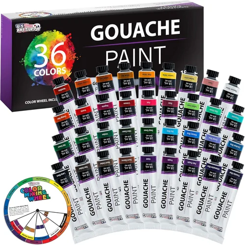 U.S. Art Supply Juego profesional de pintura gouache de 36 colores en tubos grandes de 18ml y rueda de mezcla de colores - Tubos de pintura gouache