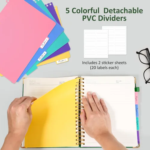 Miniatura 5 de Cuaderno de tapa dura en espiral, diario de 20.3 x 25.4 cm, grandes cuadernos B5 con divisores extraíbles y pestañas, 300 páginas, cuaderno de cuero