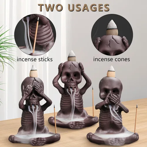 Miniatura 6 de Comeon - Quemador de incienso de reflujo con decoración de calavera, soporte para varillas de incienso de flujo inverso, quemador de incienso