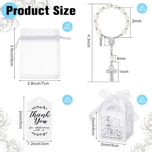 Miniatura 2 de El juego de 100 recuerdos de bautismo incluye 25 piezas de mini rosario, cajas de regalo de bautismo cortadas con láser, bolsas de organza blanca