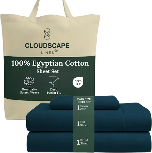 Miniatura 29 de Cloud Scape Linen - Juego de sábanas de algodón egipcio de doble capa, tamaño individual, tejido de satén de fibra larga, juego de 3 piezas, ropa