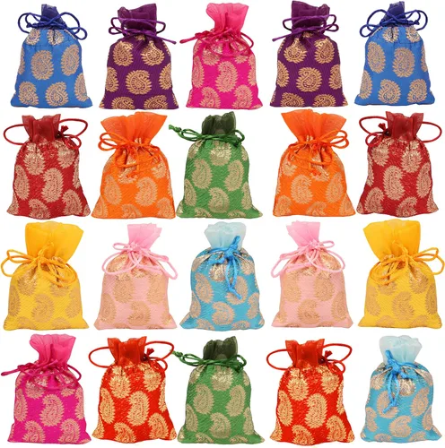 Miniatura 18 de Touchstone Preciosas bolsas de regalo reutilizables, respetuosas con el medio ambiente, brocado de cachemira con cordón grande para cumpleaños