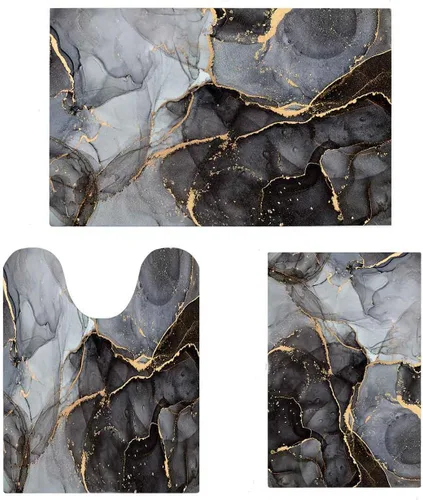 EMMTEEY Juego de alfombras de baño de 3 piezas, alfombra de baño de mármol negro, gris y dorado, antideslizante, absorbente, para debajo de la
