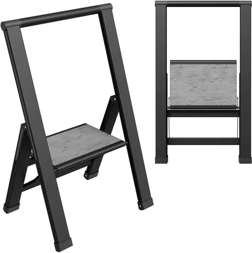 Escalera de Peldaños de 1 Escalón Plegable, Decorativa - Hermosa Madera Gris y Aluminio Negro, Perfil Ultra Delgado, Peldaños Antideslizantes,