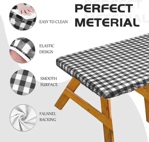 Miniatura 2 de bealy Funda para mesa de picnic con fundas para banco, juego de 3 piezas de mantel de vinilo impermeable a cuadros de 6 pies con borde elástico