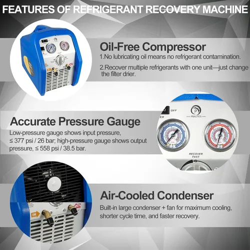 Miniatura 4 de Máquina de recuperación de refrigerante de doble cilindro 1HP, unidad de reciclaje de freón portátil sin aceite de 110V-120V 60Hz para refrigerante