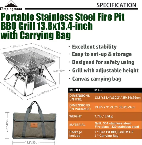 Miniatura 2 de CAMPINGMOON Hoguera Portátil de Acero Inoxidable Plegable para Fogata, Parrilla de Leña y Carbón para Estufa de Camping, Cocina al Aire Libre