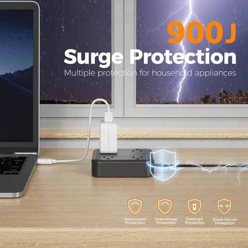 Miniatura 2 de TESSAN – Cable de extensión plano con protector de sobretensión de 10 pies, regleta de alimentación de enchufe plano con 4 salidas y 3 puertos USB