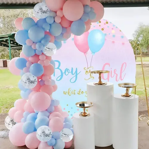 Miniatura 7 de Telón de fondo redondo para revelación de género para niño o niña, lunares azules y rosados, globo de fotografía, revelación de género, suministros