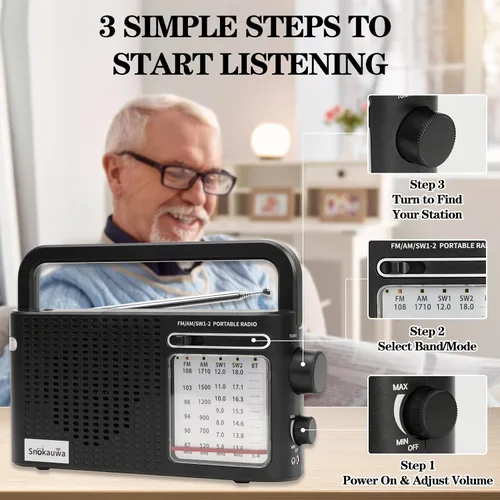 Miniatura 8 de Radio meteorológica portátil AM FM SW, enchufe de pared y alimentada por batería, radio transistor con Bluetooth, altavoz grande, dial grande, modo
