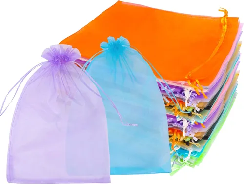 Zwish Paquete de 100 bolsas de regalo de organza de 8 x 12 pulgadas, 10 colores sólidos mezclados para dulces, chocolate, fiesta, Navidad, regalo de