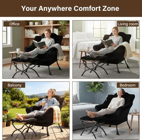 Miniatura 8 de Welnow - Silla perezosa con otomana, moderna silla de descanso con reposabrazos y bolsillo lateral, sillón de sofá tapizado de ocio, sillón de Negro