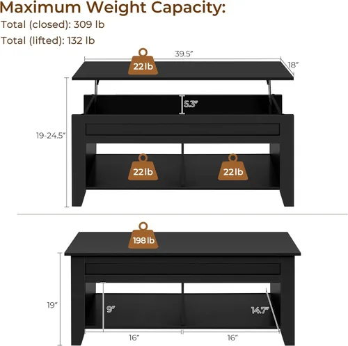 Miniatura 3 de Yaheetech Mesa de centro de madera negra elevable, con almacenamiento oculto y 2 estantes abiertos para sala de estar, recepción, oficina, 39.5 Negro