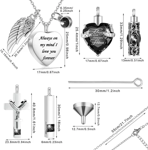 Miniatura 2 de Fumete 5 piezas de collar de urna para cenizas, recuerdo de cremación, corazón, cruz, joyería cúbica para cenizas, acero inoxidable, medallón