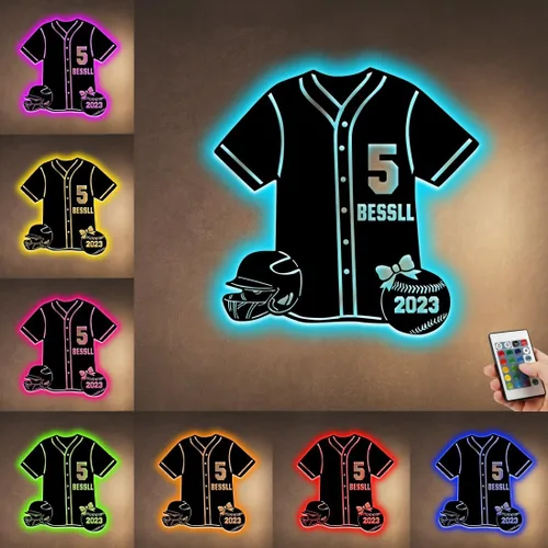 Miniatura 11 de Letrero de metal de jersey deportivo personalizado con luz LED, nombre y número personalizado, letrero de neón con nombre personalizado, decoración