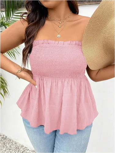 Miniatura 4 de SOLY HUX Camiseta de tubo peplum para mujer, talla grande, sin tirantes, holgada, linda, para vacaciones