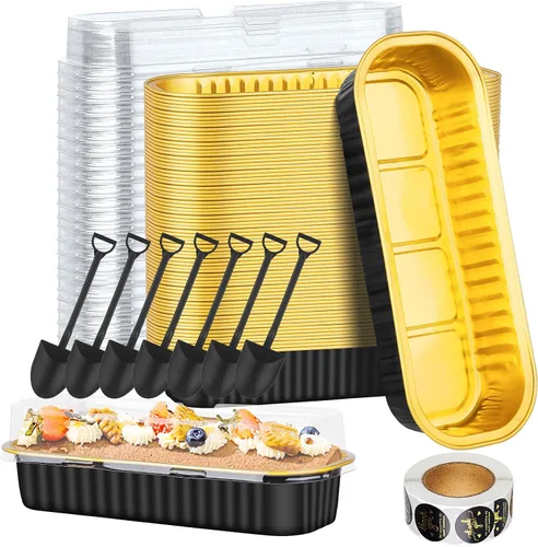 Miniatura 24 de Paquete de 100 mini moldes para pasteles de 6.8 onzas con tapas, moldes para hornear de papel de aluminio, recipientes individuales para postres