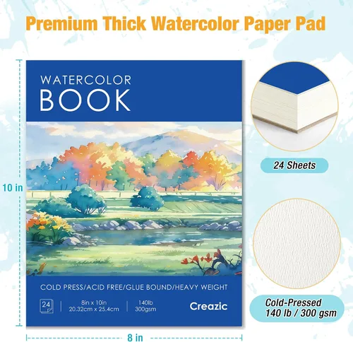 Miniatura 2 de Creazic Bloc de papel de acuarela de 8 x 10 pulgadas (140 libras/300 gsm) – Cuaderno de artista sin ácidos Cuaderno de bocetos pesado prensado