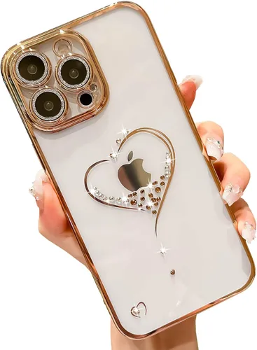 Miniatura 14 de Bling Glitter Heart compatible con iPhone 13 Pro de 6.1 pulgadas, bonito protector de cámara completo brillante para mujer, funda de teléfono Oro