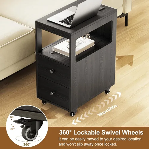 Miniatura 5 de Mesa auxiliar estrecha con estación de carga y ruedas, mesa auxiliar de sofá estrecha móvil con puertos USB y salidas para espacio pequeño, sala
