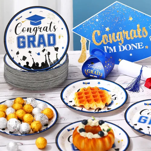 Miniatura 2 de Sabary 100 platos de postre de papel de graduación 2026, color azul y negro, 7 pulgadas, suministros para fiestas de graduación, platos de clase