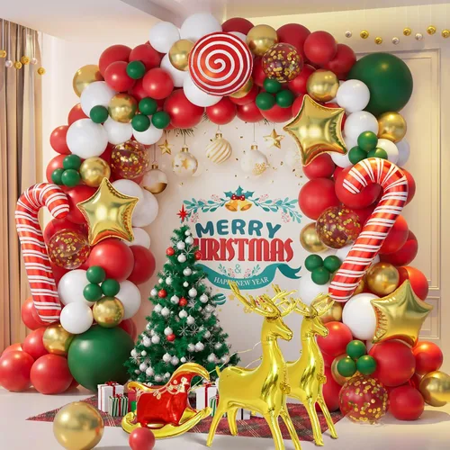 AobkDeco Kit de arco de guirnalda de globos de Navidad de 138 piezas con globos rojos, verdes, dorados y blancos, globos de caramelo, globos de