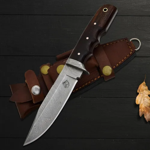 Knives Ranch Cuchillo de Caza Artesanal de 9-1/2"- Cuchillo de Bushcraft y Campamento de Acero Damasco con Espiga Completa- Mango de Palisandro-